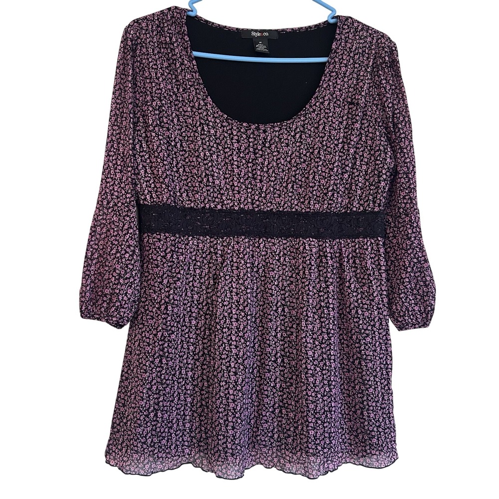 Ditsy Floral Babydoll Blouse Sz M Purple Black Dark Romantic Lace Style & Co